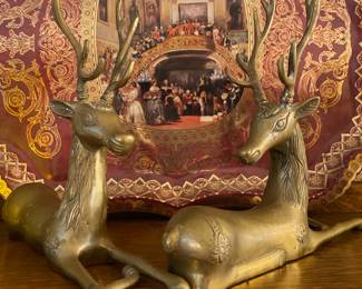 Pair of Brass Reindeers Lying Down