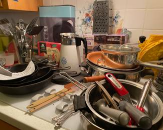 Corning Ware "Blue Cornflower" Coffee/Tea Pot, Assortment of Pots & Pans, Kitchen Utensils