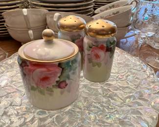 Noritake Sugar Bowl with Salt & Pepper Shakers - Rose Pattern