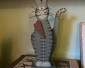 Folk Art Wooden Cat With Heart Statue