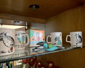 Set of 3  Kliban Cat Coffee Mugs, Folk Art Hand Painted Wooden Bird Ornament