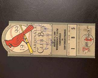 St. Louis Cardinals Club Tickets Stub From August 4, 1999 Signed By Lou Brock