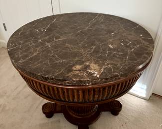 Nice Marble Topped Wood Pedestal Accent Table