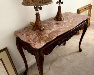 Beautiful Carved Wood and Marble Top Console Table with Ball and Claw Feet