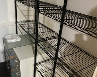 Metal shelves and file cabinet