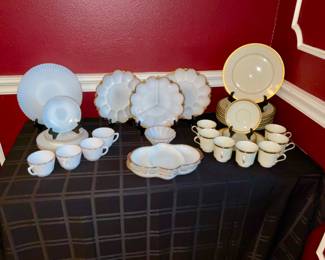 MACBETH EVANS PETALWARE IN MONAX WHITE SET OF 13, MIKASA SET OF 21, & FIRE KING W/GOLD TRIM