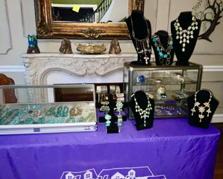 NATURAL FREE FORM TURQUOISE
TURQUOISE ALL SET IN STERLING
BALTIC AMBER IN STERLING
AMBER IN STERLING 
BRONZE & LAPIS
AMETHYST 
ROSE QUARTZ in STERLING
LABRADORITE
CULTURED PEARL NECKLACES 
ITALIAN STERLING 
SOME MAKERS: 
VIKTORIA HAYMAN MOP NECKLACE & BRACELET
DEVON LEIGH STATEMENT NECKLACE – NM
KENNETH LANE VTG STATEMENT NECKLACE