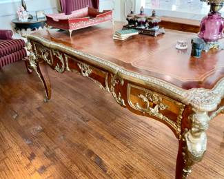 LOUIS XV BURL PLAT LEATHER TOP DESK W/ORMOLU MOUNTS - NOTE: Leather top was damaged and needs to be replaced. 