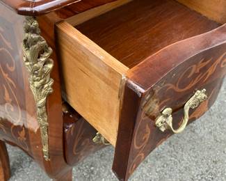 Pr. inlaid bombe chests                                                                              30"h x 23'w x 12"d some chips to veneer - see photos                                                                      