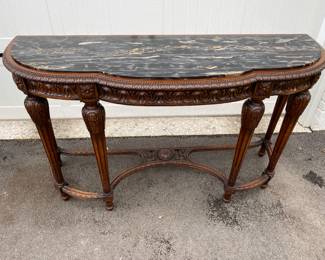 Now $400 - Was $750  Antique carved marble-top demi-lune console table      37"h x 62" w x 21.5"d