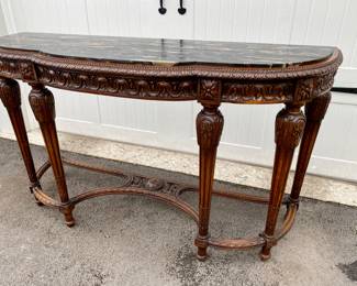 Now $400 - Was $750  Antique carved marble-top demi-lune console table      37"h x 62" w x 21.5"d