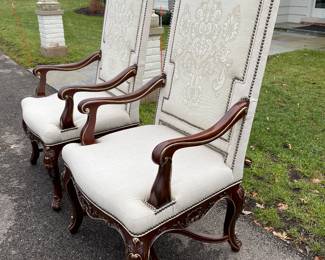  $800 Pr. Henredon carved throne chairs with nailhead trim         46"h x 23"w x 26"d 