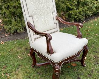  $800 Pr. Henredon carved throne chairs with nailhead trim         46"h x 23"w x 26"d 