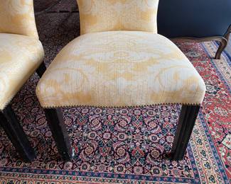 Now $600 - Was$1200 Six custom upholstered dining chairs with nailhead trim  - one chair back slightly loose