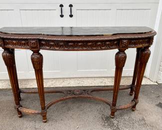 Now $400 - Was $750  Antique carved marble-top demi-lune console table      37"h x 62" w x 21.5"d