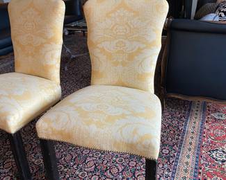 Now $600 - Was$1200 Six custom upholstered dining chairs with nailhead trim  - one chair back slightly loose