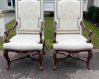 Pr. Henredon carved throne chairs with nailhead trim         46"h x 23"w x 26"d 