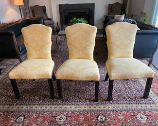 Now $600 - Was$1200 Six custom upholstered dining chairs with nailhead trim  - one chair back slightly loose
