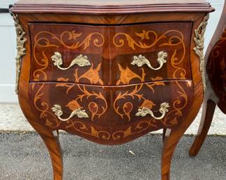 Pr. inlaid bombe chests                                                                              30"h x 23'w x 12"d some chips to veneer - see photos                                                                    