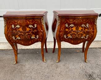  Pr. inlaid bombe chests                                                                              30"h x 23'w x 12"d some chips to veneer - see photos                                                                  