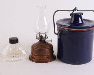 Lot 9657 Blue Crock  Copper Oil Lantern  Perfume Bottle