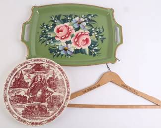 Lot 9714 Mixed Lot  HandPainted Floral Tray  Anson County NC Historical Plate  Vintage The Carolina Inn Wooden Hanger