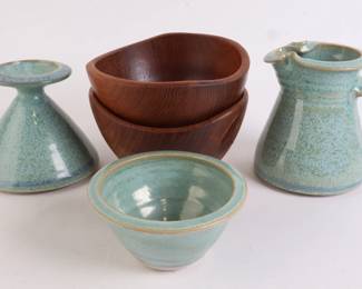 Lot 9926 Lot of 3  Signed Pottery  2 Teak Bowls  Vase Bowl Pitcher