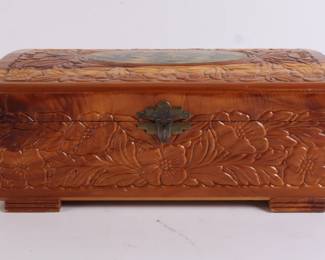Lot 9650 Carved Wood Storage Box  Painted Scene