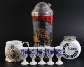 Lot 9666 Mixed Lot  Vintage Cocktail Shaker  Milk Glass Flour Shaker  Etc