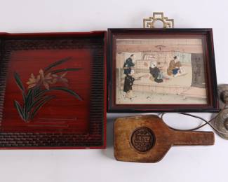 Lot 9703 Asian Decor Lot  Painting  Flower Tray  Butter Mold  Tingsha Bells