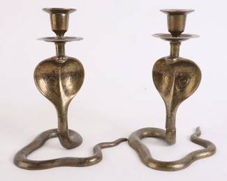 Lot 9915 Pair of Brass Cobra Snake Serpent Candle Holders