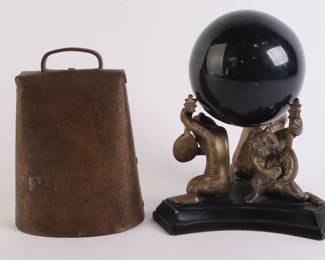 Lot 9668 Antique Cow Bell  Brass Bear Orb Decor