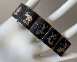 Lot 7403 Vintage Dancing Goddess Siam Silver Bracelet  Sterling  Nielloware