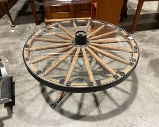 Lot 9631 Vintage Wagon Wheel Glass Top Coffee Table