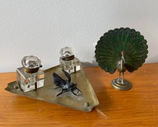 Lot 9932 Flying Beetle Ink Well Brass Tray  Peacock