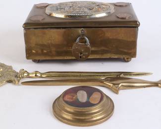 Lot 9917 Decorative Brass Office Lot  Letter Openers  English Coin Box  Paperweight