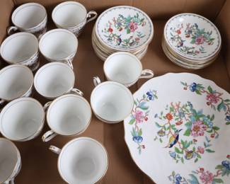 Lot 9711 Pembroke Gold Trim by Aynsley  Bone China  12 Footed Cups and Saucers  Cake Plate