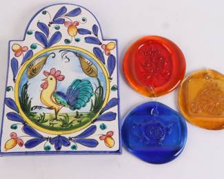 Lot 9702 Italian Rooster Wall Art  3 Art Glass OrnamentsSun Catchers