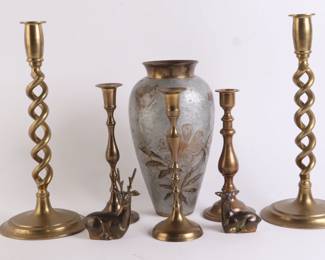 Lot 9659 Lot of 8 Brass  Vase  CandleSticks  Deer