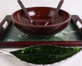 Lot 9929 Mixed Lot  Leaf Dish  B. Altman Mahogany Salad Bowl  DecorativeTray