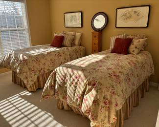 Twin beds never used. Selling mattresses, box springs, bed frames and linens $150ea