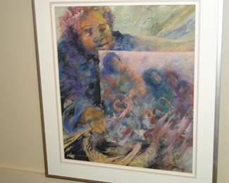 This artist is highly sought after, and this is a one of a kind original depiction of three generations of basket makers