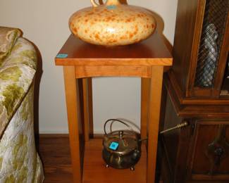 Nice Mid Century Modern vase/pitcher, atop a very nice small square solid wood side table