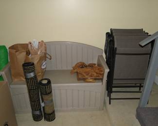 Folding chairs, storage bench and rug runners