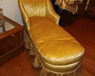 Mid century skirted Chaise lounge in gold Re upholstery by Raymond Fallona  from brookline, ma in the 1970`s Asking $425