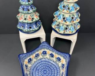 Polish Pottery - UNIKAT - Tea Light Christmas Trees & Star Bowl