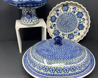 Polish Pottery Pedestal Dish, Oval Lidded Casserole & Quiche Dish