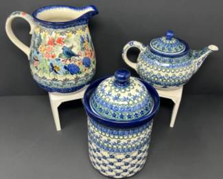 Polish Pottery UNIKAT Pitcher - Matching Tea Pot & Canister