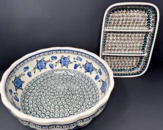 Polish Pottery UNIKAT - Divided Dish & Shallow Bowl