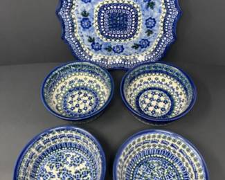 Polish Pottery Unikat Serving Plate & 4 Bowls